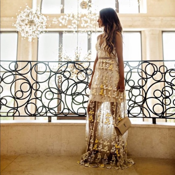 Aqua Yellow Beaded Embroidered Maxi 